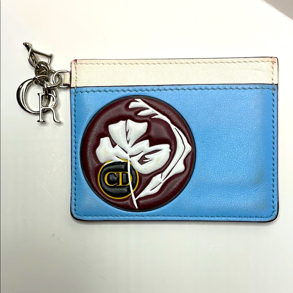 Christian Dior Blue and White Leather Card Holder with Logo Charm